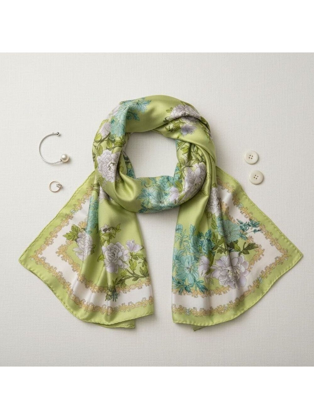 Green Floral Satin Scarf Lightweight Shawl Wrap Elegant Summer Accessory - Picture 3 of 12